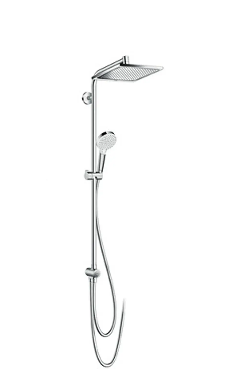Hochwertige Hansgrohe-Duschstange mit Kopfbrause und Handbrause, ausgestattet mit flexibler Schlauchführung. Chromfinish, montierbar an der Wand.